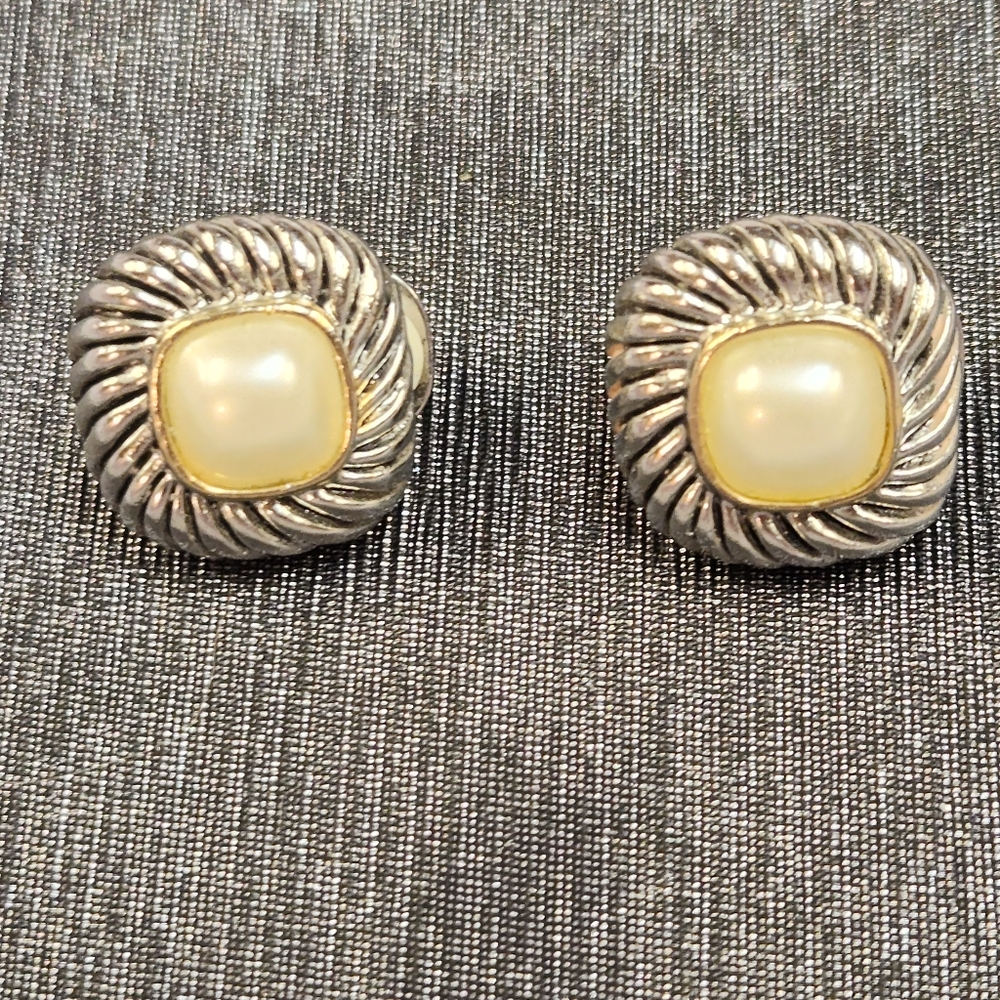 Silver and Cream Cabochon Clip On Earrings